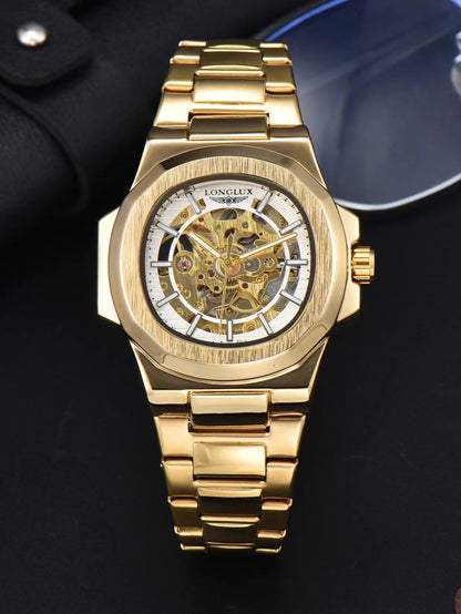 Luxury LONGLUX Men Automatic Mechanical Watch, Waterproof Skeleton, Stainless Steel Business Gift Watch