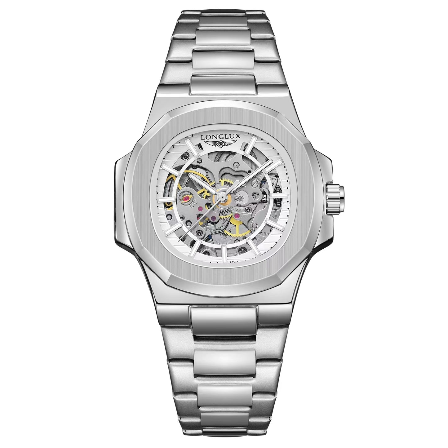 Luxury LONGLUX Men Automatic Mechanical Watch, Waterproof Skeleton, Stainless Steel Business Gift Watch