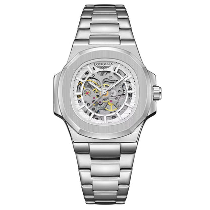 Luxury LONGLUX Men Automatic Mechanical Watch, Waterproof Skeleton, Stainless Steel Business Gift Watch