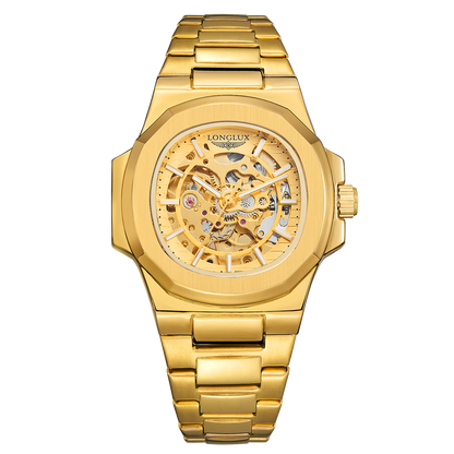 Luxury LONGLUX Men Automatic Mechanical Watch, Waterproof Skeleton, Stainless Steel Business Gift Watch