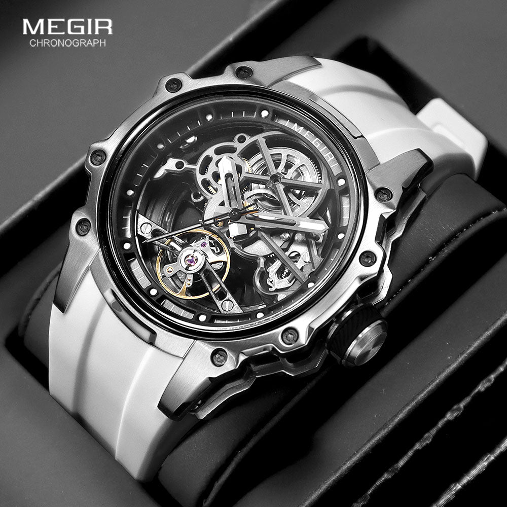 Automatic Mechanical Watch Men Skeleton Dial, Waterproof Sport Wristwatch, Stainless Steel Case, Silicone Strap