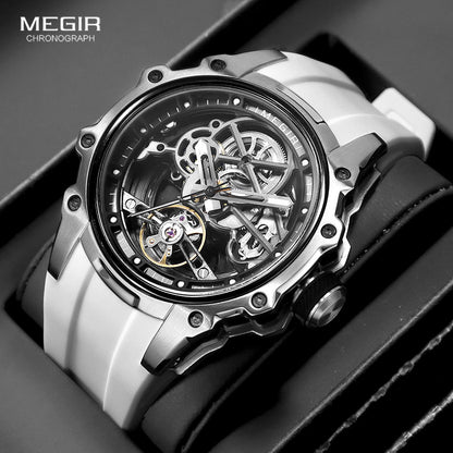 Automatic Mechanical Watch Men Skeleton Dial, Waterproof Sport Wristwatch, Stainless Steel Case, Silicone Strap