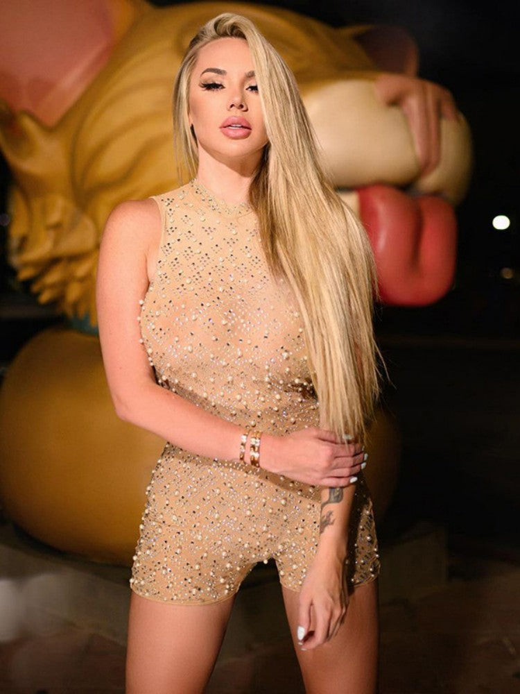 Sexy O-Neck Sleeveless Jumpsuit for Women, Summer Beaded Mesh Romper Skinny Elegant One-Piece, Apricot Fashion Hot