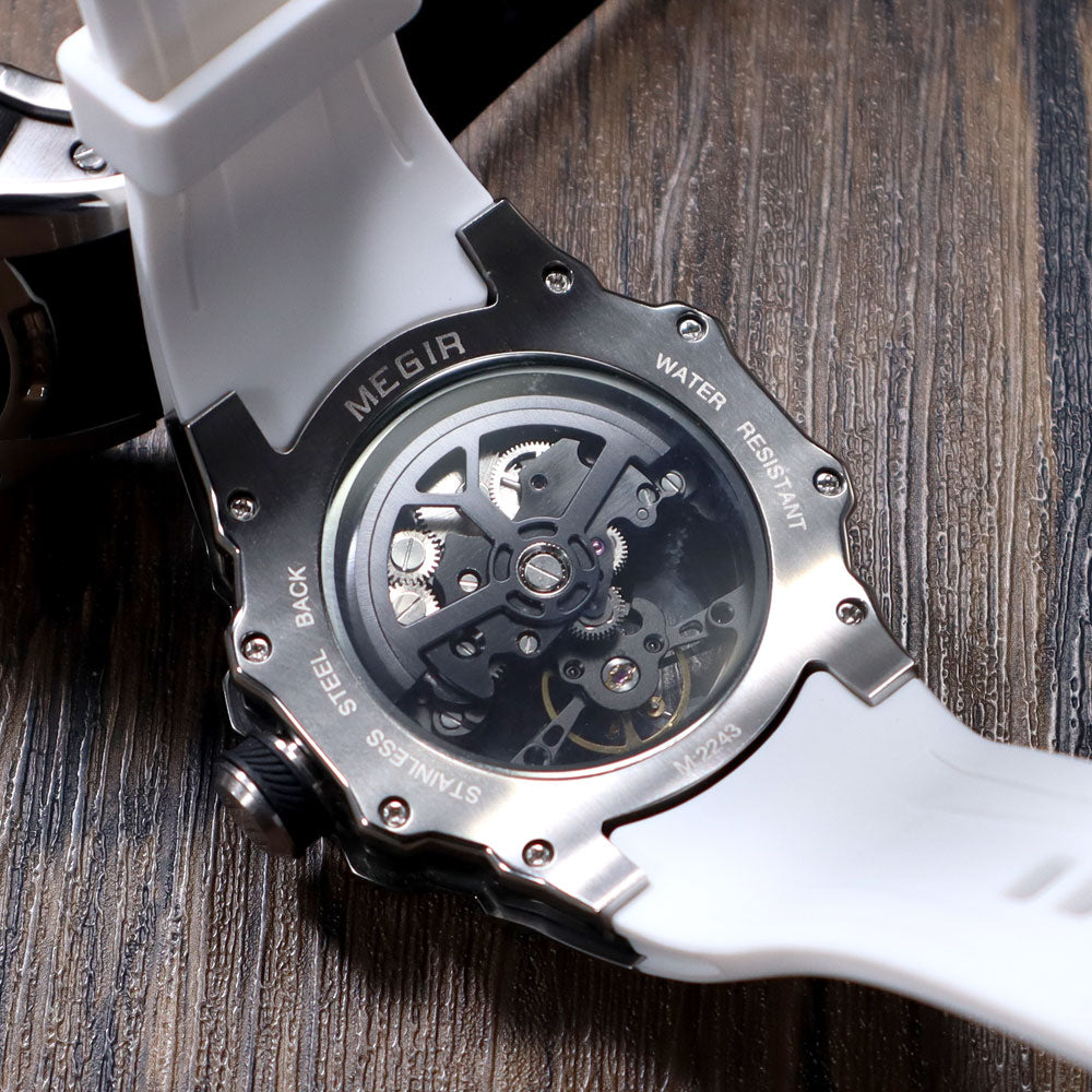 Automatic Mechanical Watch Men Skeleton Dial Waterproof Sport Wristwatch Stainless Steel Case Silic 4