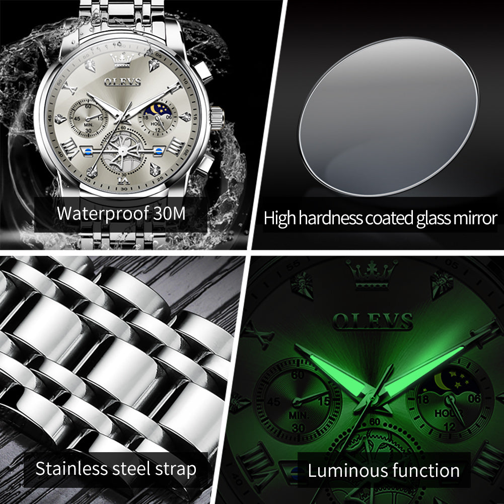 Men Watches Classic Chronograph Watch Original Quartz Wristwatch Waterproof Reloj 24 Hour Moon Phas