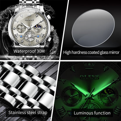 Men Watches Classic Chronograph Watch Original Quartz Wristwatch Waterproof Reloj 24 Hour Moon Phas