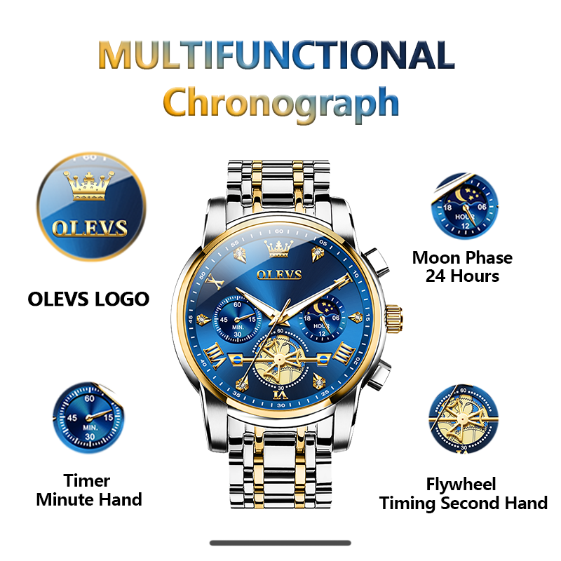 Men Watches Classic Chronograph Watch Original Quartz Wristwatch Waterproof Reloj 24 Hour Moon Phas