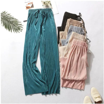 Women Summer Wide Leg Pants with Elastic Waist and Pleated Ice Silk Fabric for Casual Comfort