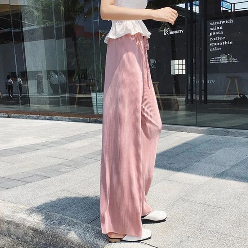 Women Summer Wide Leg Pants With Elastic Waist And Pleated Ice Silk Fabric For Casual Comfort 9