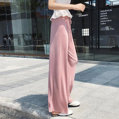 Women Summer Wide Leg Pants With Elastic Waist And Pleated Ice Silk Fabric For Casual Comfort 9