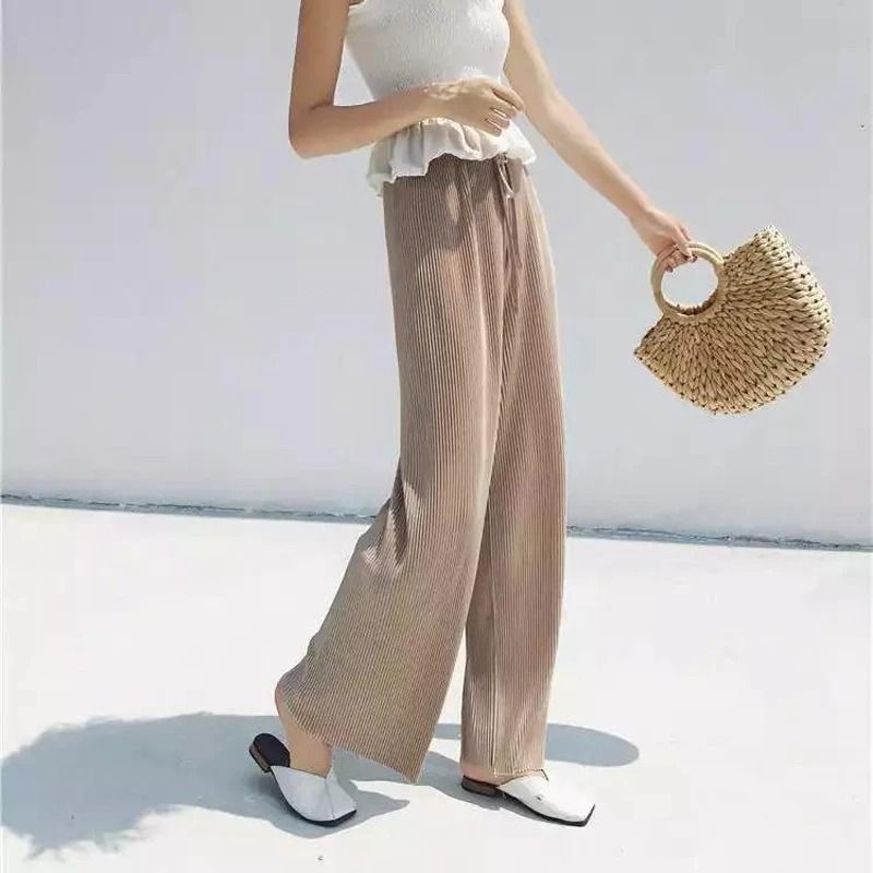 Women Summer Wide Leg Pants With Elastic Waist And Pleated Ice Silk Fabric For Casual Comfort 8