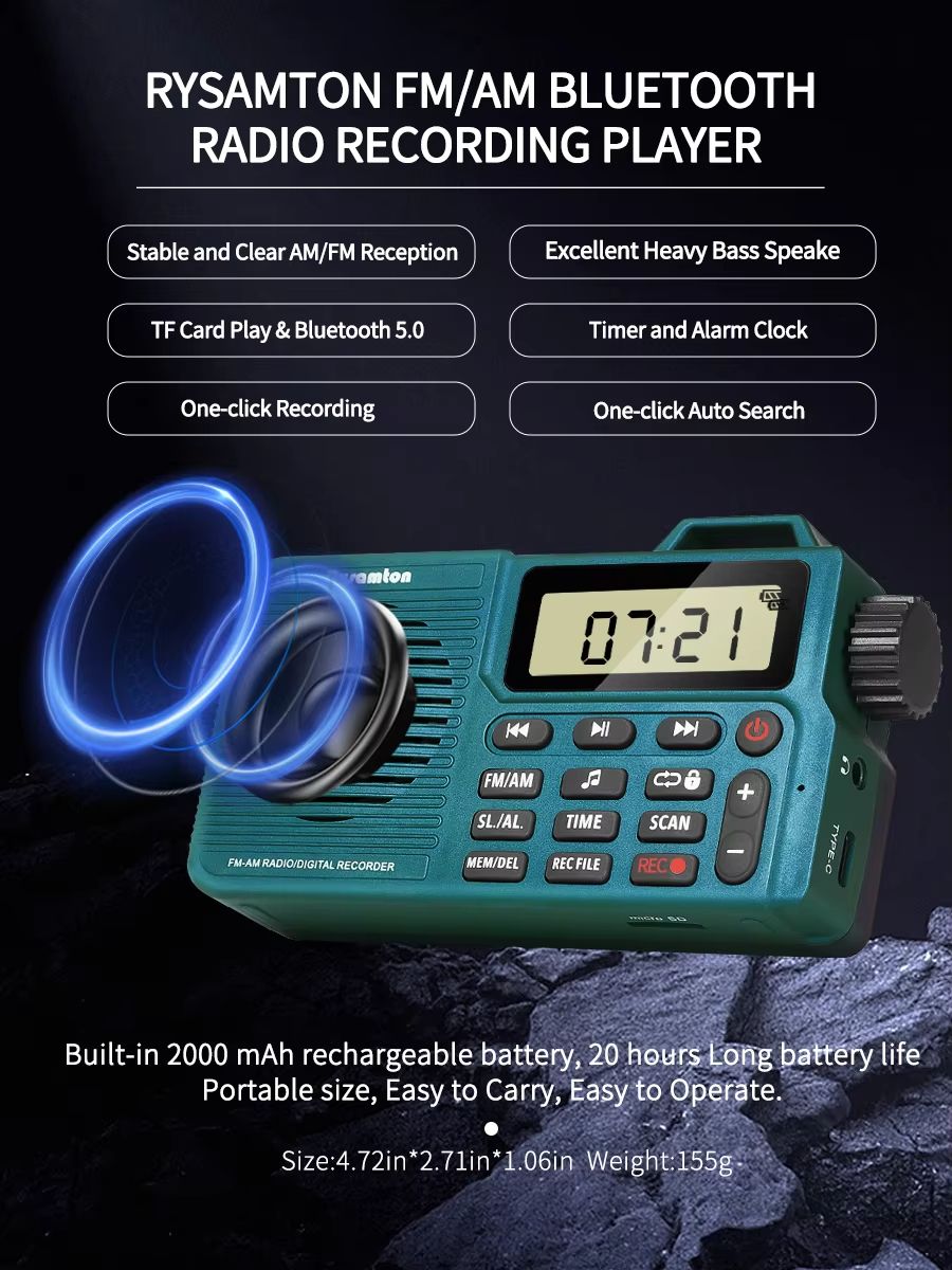 EchoLite Portable AM/FM Bluetooth Radio with Bass Speaker & Recording