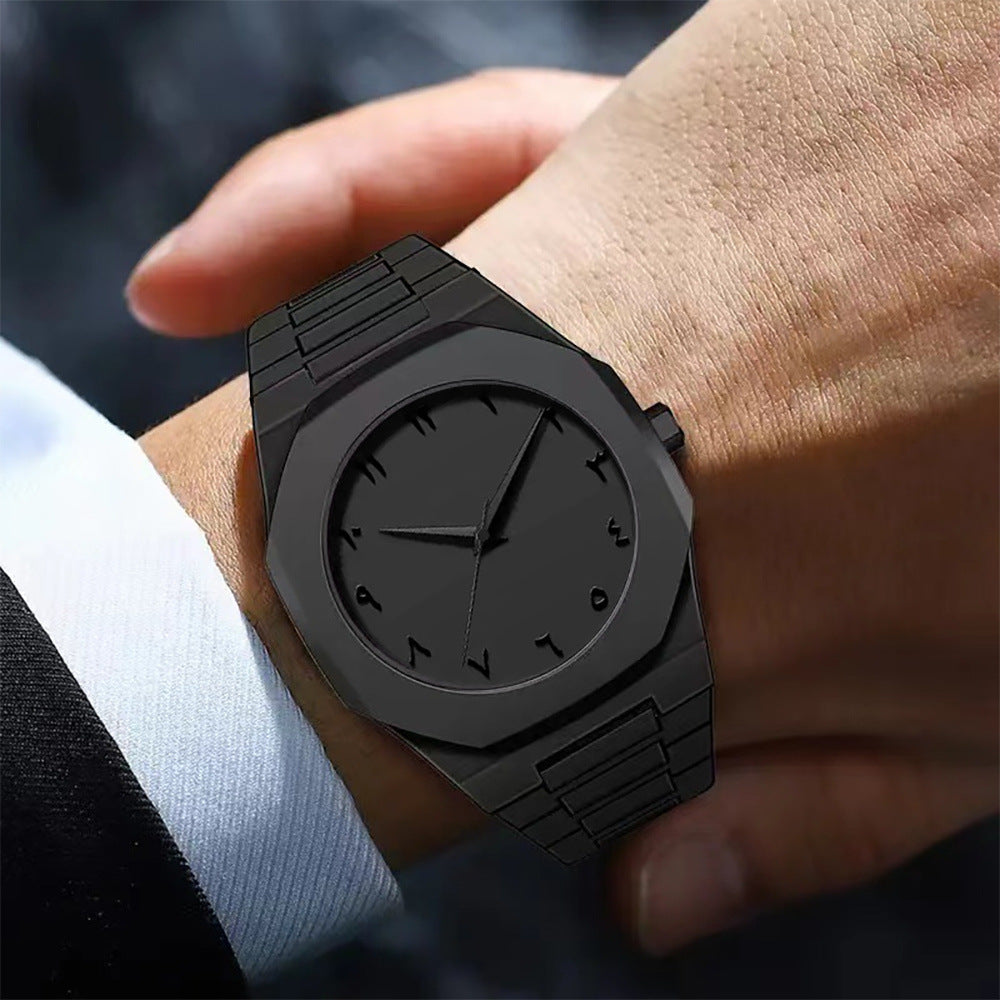Men's Fashion Quartz Watch, Simple Black Dial, Arabic Digital Casual Drip Oil Strap for Stylish Everyday Wear