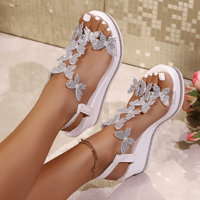Rhinestone Butterfly Platform Wedges Slip On Sandals