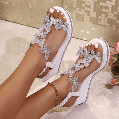 Rhinestone Butterfly Platform Wedges Slip On Sandals