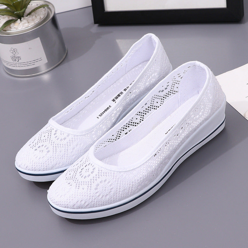 Lace Hollow Breathable Little White Flat Shoes, Mid Wedge Heel Women's Summer Beauty Shoes Size, Slip-On Comfort