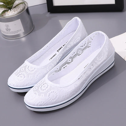 Lace Hollow Breathable Little White Flat Shoes, Mid Wedge Heel Women's Summer Beauty Shoes Size, Slip-On Comfort