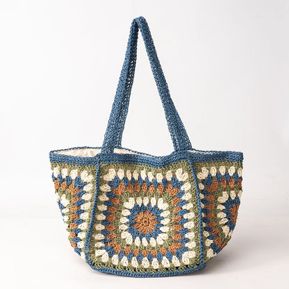 Boho Ethnic Crochet Tote Bag, Granny Square Straw Shoulder Bag, Summer Beach Handbag for Travel, Casual Woven Purse