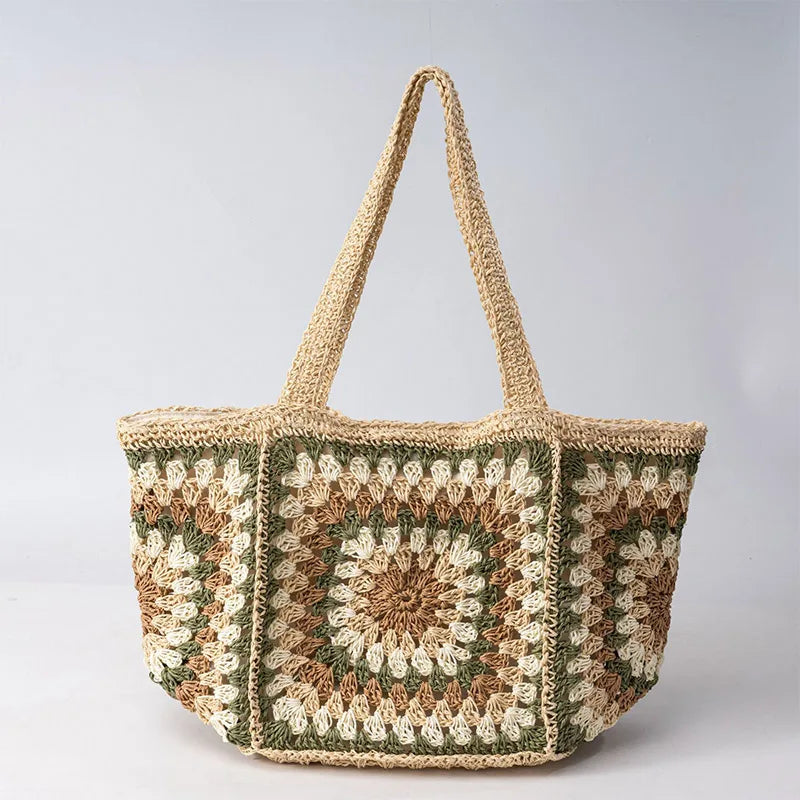 Boho Ethnic Crochet Tote Bag, Granny Square Straw Shoulder Bag, Summer Beach Handbag for Travel, Casual Woven Purse