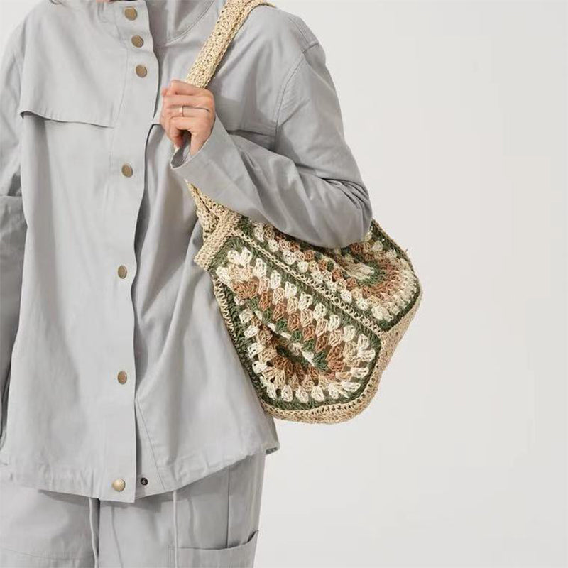 Boho Ethnic Crochet Tote Bag, Granny Square Straw Shoulder Bag, Summer Beach Handbag for Travel, Casual Woven Purse