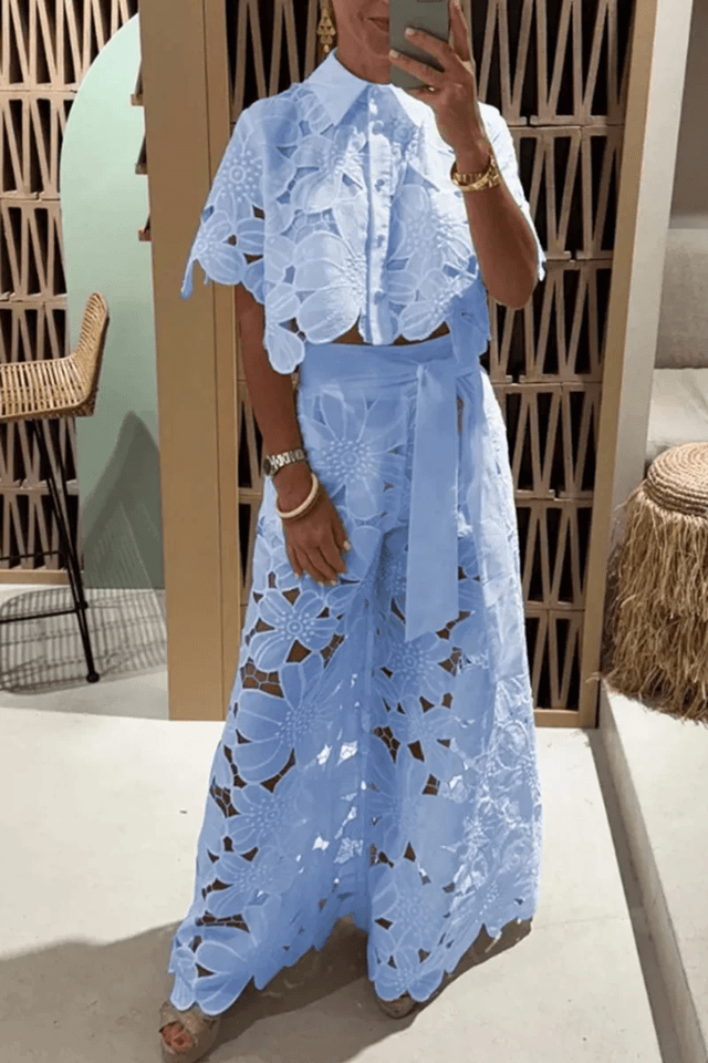 Elegant Lapel Shirt And Wide Leg Pants TwoPiece Suit For Women 1