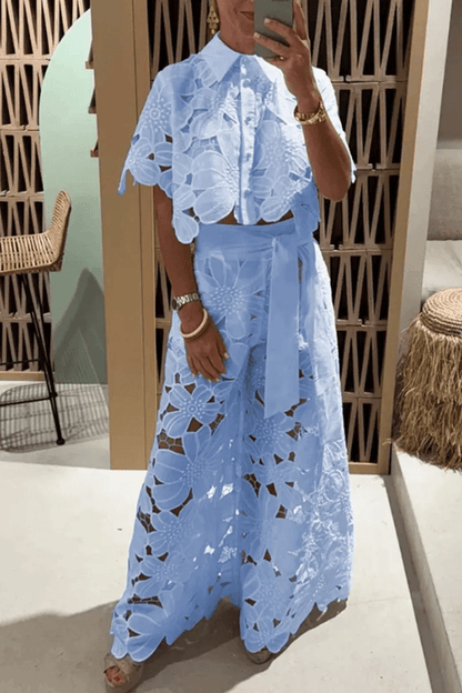 Elegant Lapel Shirt And Wide Leg Pants TwoPiece Suit For Women 1