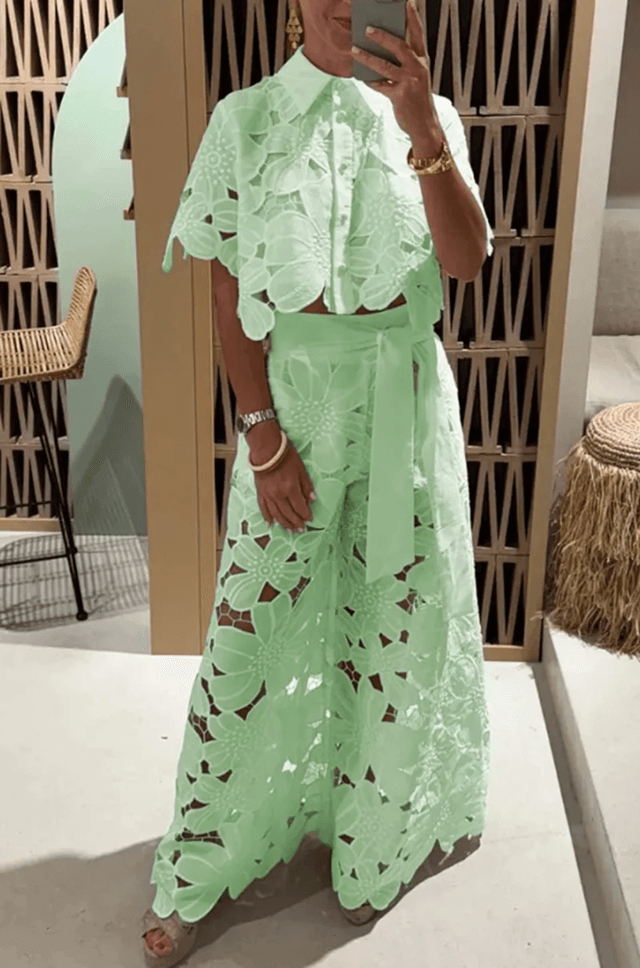 Elegant Lapel Shirt And Wide Leg Pants TwoPiece Suit For Women 2