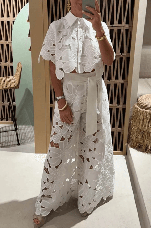 Elegant Lapel Shirt And Wide Leg Pants TwoPiece Suit For Women 4