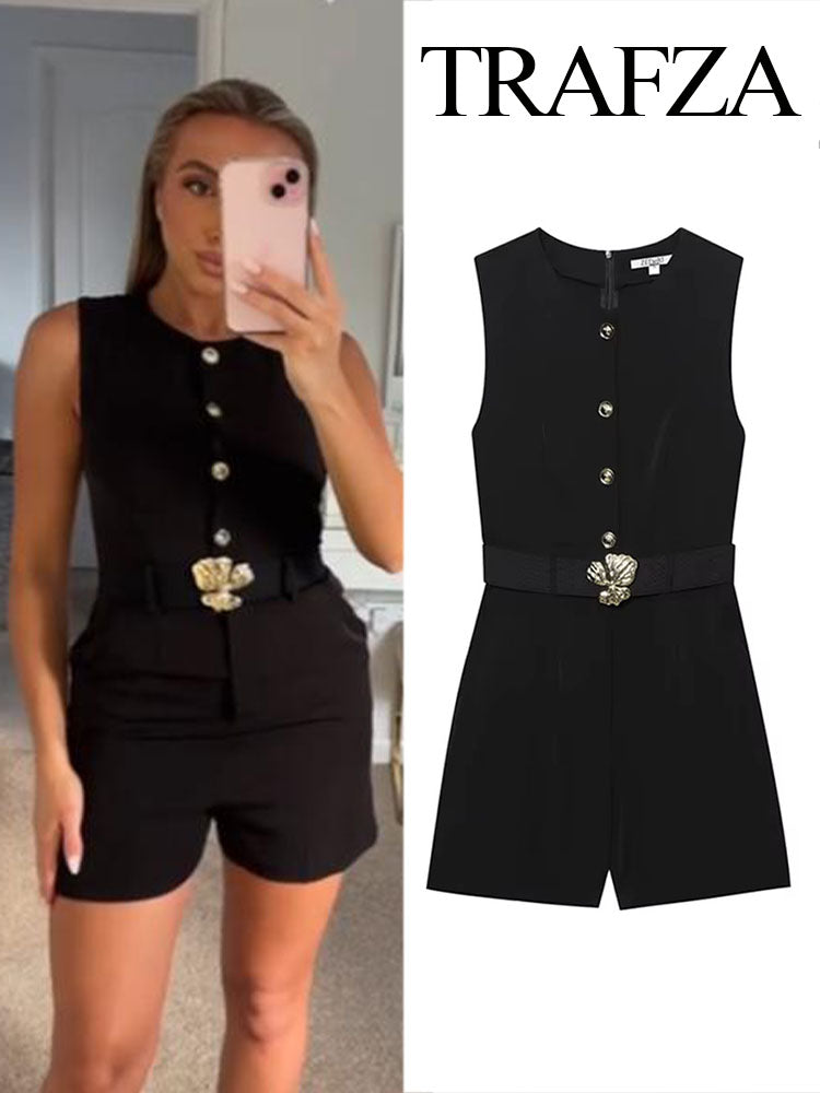TRAFZA Womens Summer Black O-Neck Sleeveless Jumpsuit, High Street Fashion with Belt Decoration Button Zipper Design