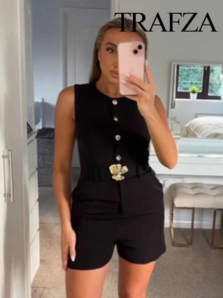TRAFZA Womens Summer Black O-Neck Sleeveless Jumpsuit, High Street Fashion with Belt Decoration Button Zipper Design