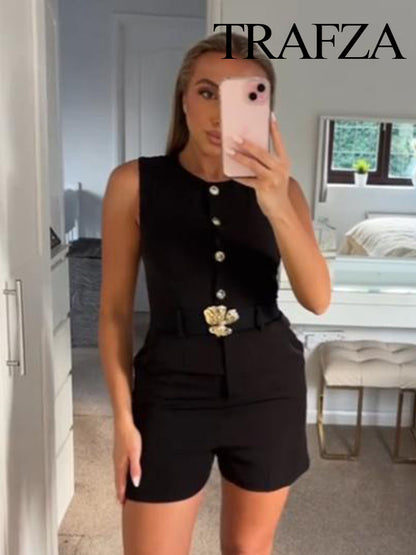 TRAFZA Womens Summer Black O-Neck Sleeveless Jumpsuit, High Street Fashion with Belt Decoration Button Zipper Design