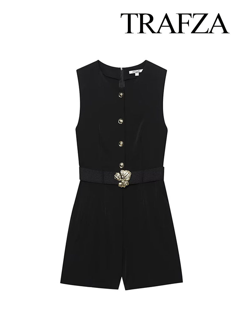 TRAFZA Womens Summer Black O-Neck Sleeveless Jumpsuit, High Street Fashion with Belt Decoration Button Zipper Design