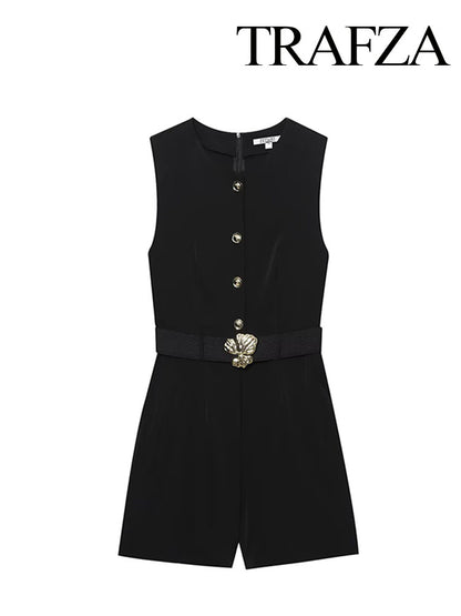 TRAFZA Womens Summer Black O-Neck Sleeveless Jumpsuit, High Street Fashion with Belt Decoration Button Zipper Design