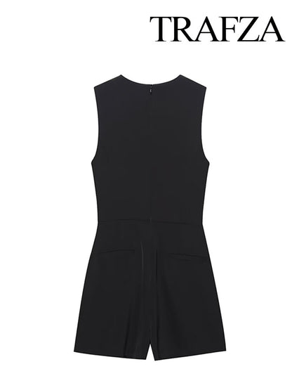 TRAFZA Womens Summer Black O-Neck Sleeveless Jumpsuit, High Street Fashion with Belt Decoration Button Zipper Design