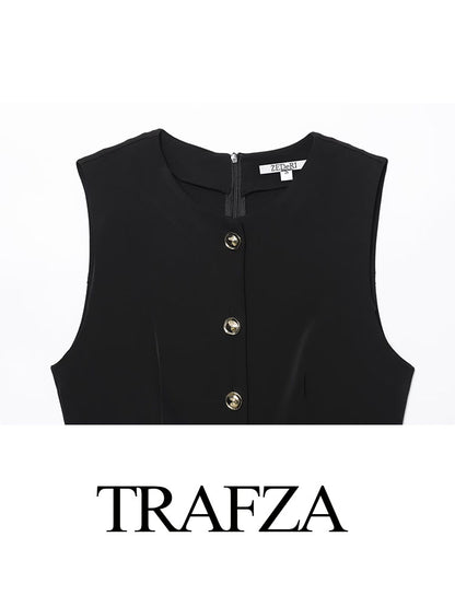 TRAFZA Womens Summer Black O-Neck Sleeveless Jumpsuit, High Street Fashion with Belt Decoration Button Zipper Design