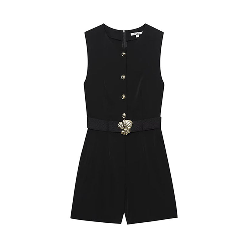 TRAFZA Womens Summer Black O-Neck Sleeveless Jumpsuit, High Street Fashion with Belt Decoration Button Zipper Design