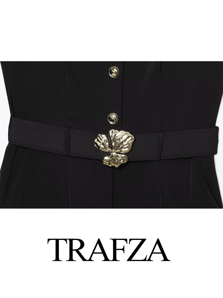 TRAFZA Womens Summer Black O-Neck Sleeveless Jumpsuit, High Street Fashion with Belt Decoration Button Zipper Design