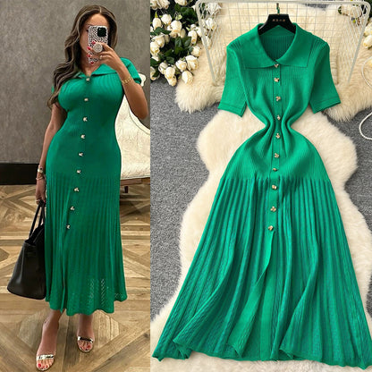 Chic Fashion Elegant Patchwork Knitted Maxi Dress, Summer Lady Turn-down Collar Shirt Sweater Dress Party, Office Lady