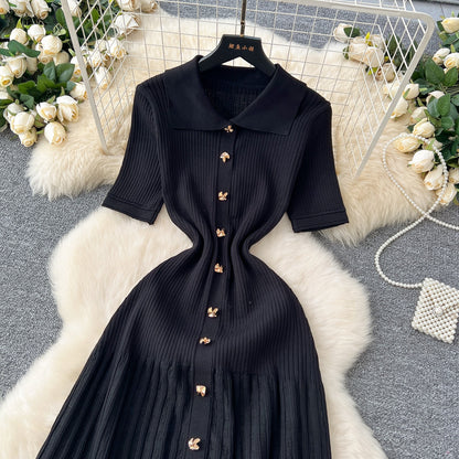 Chic Fashion Elegant Patchwork Knitted Maxi Dress Summer Lady Turndown Collar Shirt Sweater Dress P 1