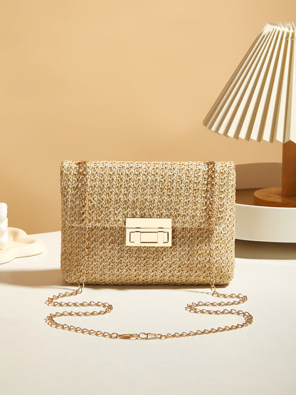 Korean Version Fashion Crossbody Bag, Trendy Grass Woven Handbag for Women, Small Lock Closure Square Purse
