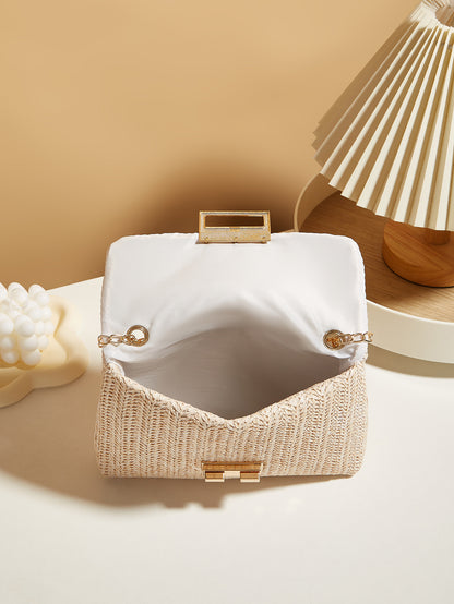 Korean Version Fashion Crossbody Bag, Trendy Grass Woven Handbag for Women, Small Lock Closure Square Purse