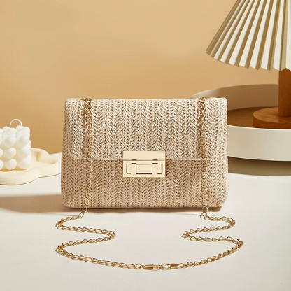 Korean Version Fashion Crossbody Bag, Trendy Grass Woven Handbag for Women, Small Lock Closure Square Purse