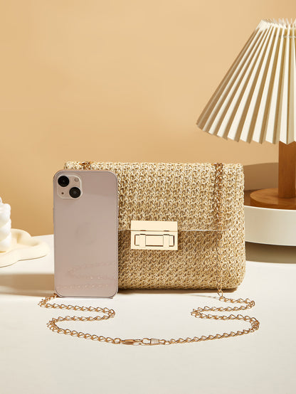 Korean Version Fashion Crossbody Bag, Trendy Grass Woven Handbag for Women, Small Lock Closure Square Purse
