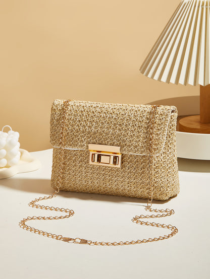 Korean Version Fashion Crossbody Bag, Trendy Grass Woven Handbag for Women, Small Lock Closure Square Purse