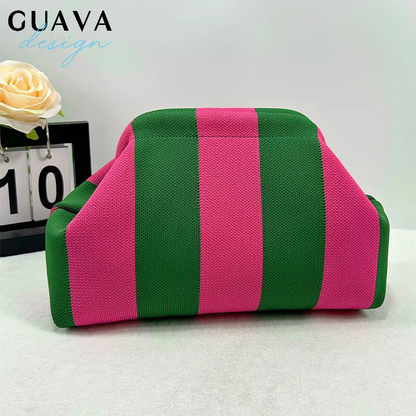 Contrast Crochet Handbag, Women Knit Stripe Purse, Summer Beach Clutch, Colorblock Dumpling Bag for Travel and Casual