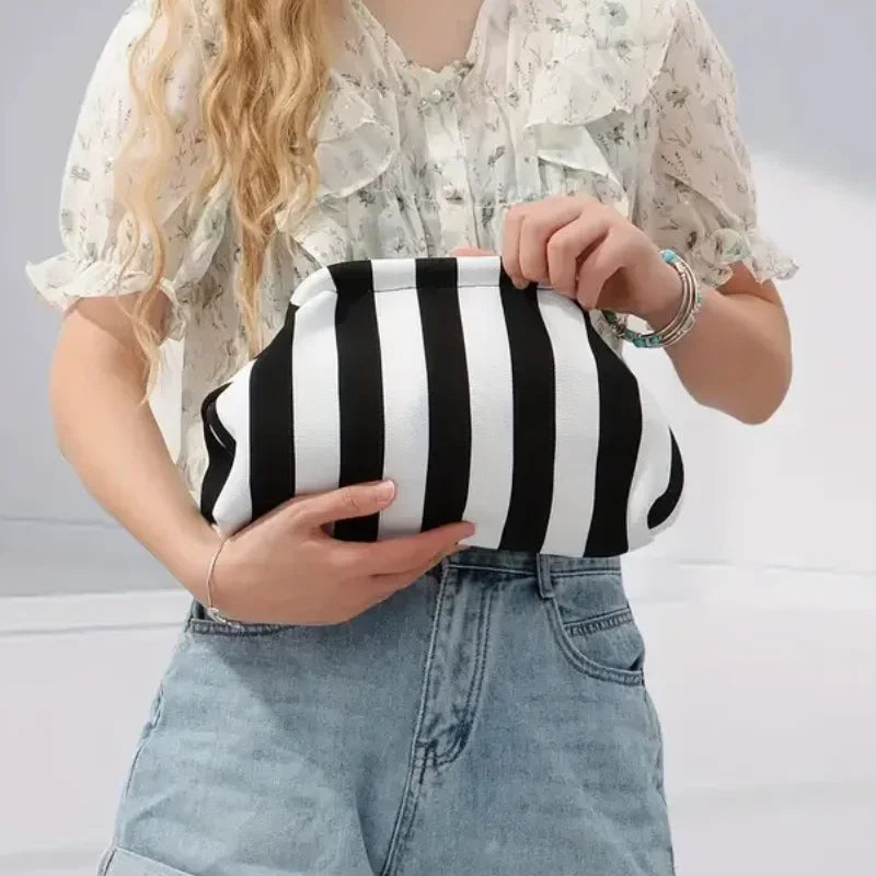 Contrast Crochet Handbag, Women Knit Stripe Purse, Summer Beach Clutch, Colorblock Dumpling Bag for Travel and Casual