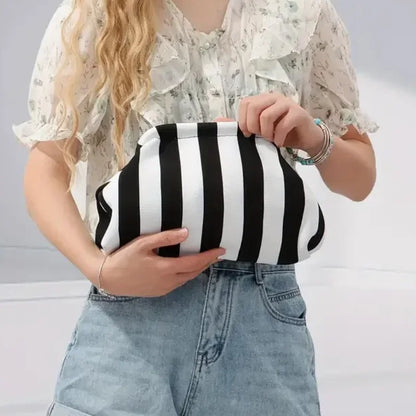 Contrast Crochet Handbag, Women Knit Stripe Purse, Summer Beach Clutch, Colorblock Dumpling Bag for Travel and Casual