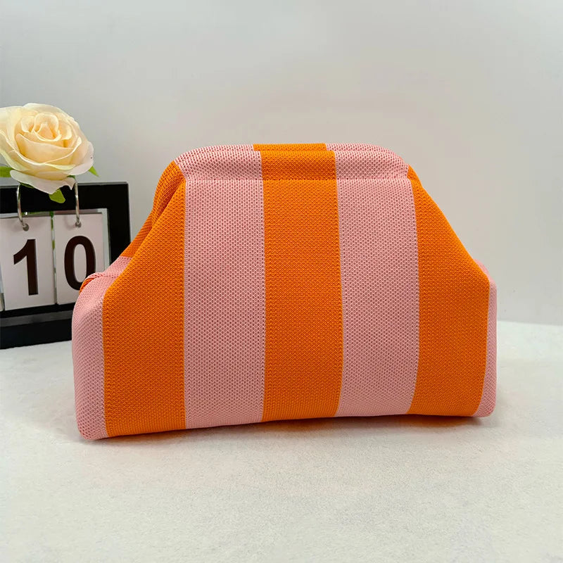 Contrast Crochet Handbag, Women Knit Stripe Purse, Summer Beach Clutch, Colorblock Dumpling Bag for Travel and Casual