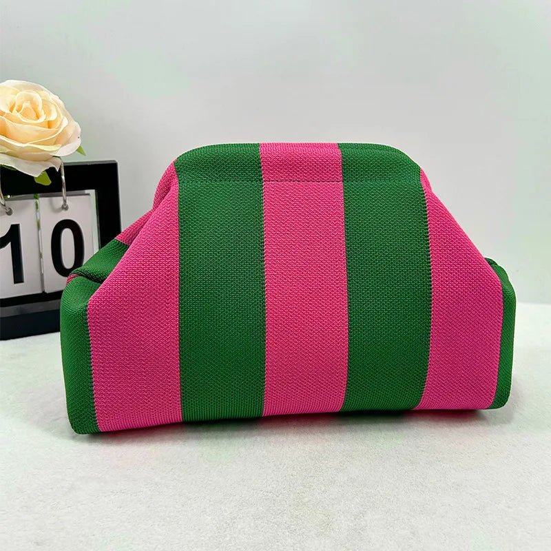 Contrast Crochet Handbag, Women Knit Stripe Purse, Summer Beach Clutch, Colorblock Dumpling Bag for Travel and Casual