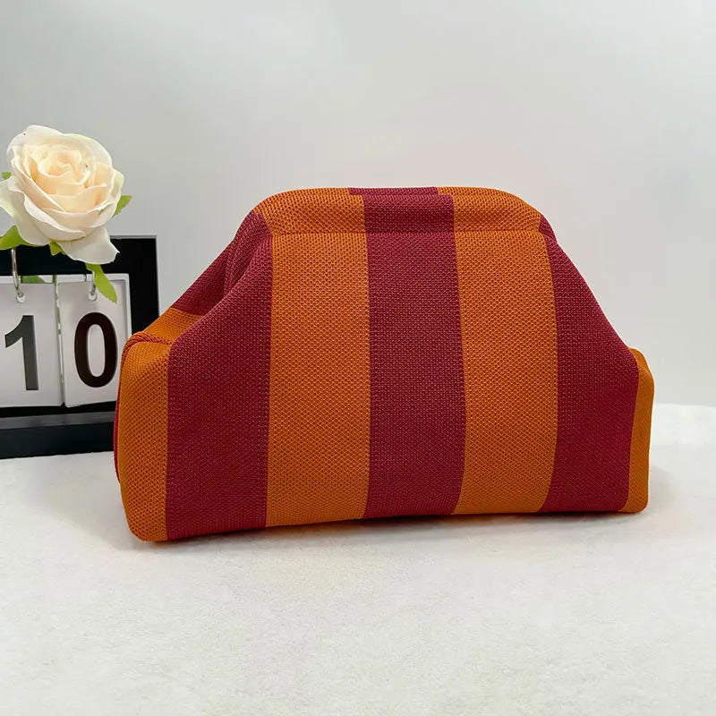 Contrast Crochet Handbag, Women Knit Stripe Purse, Summer Beach Clutch, Colorblock Dumpling Bag for Travel and Casual